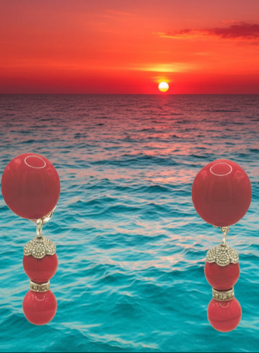 BOUCLES D'OREILLES CLIPS ROUGE VERMILLON ET ARGENT