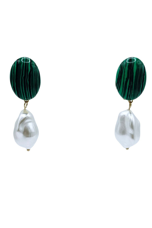 BOUCLES D'OREILLES CLIPS EN MALACHITE ET PERLE FANTAISIE