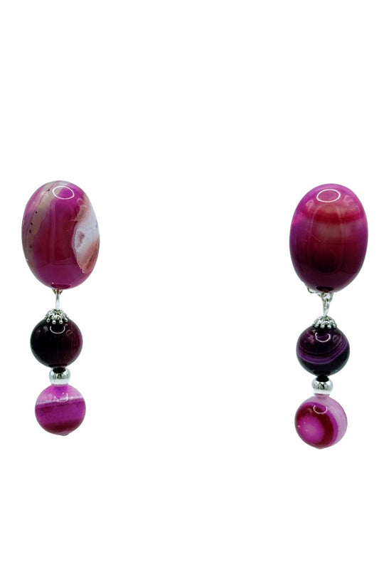 BOUCLES D'OREILLES CLIPS AGATES ROSES FUSHIA
