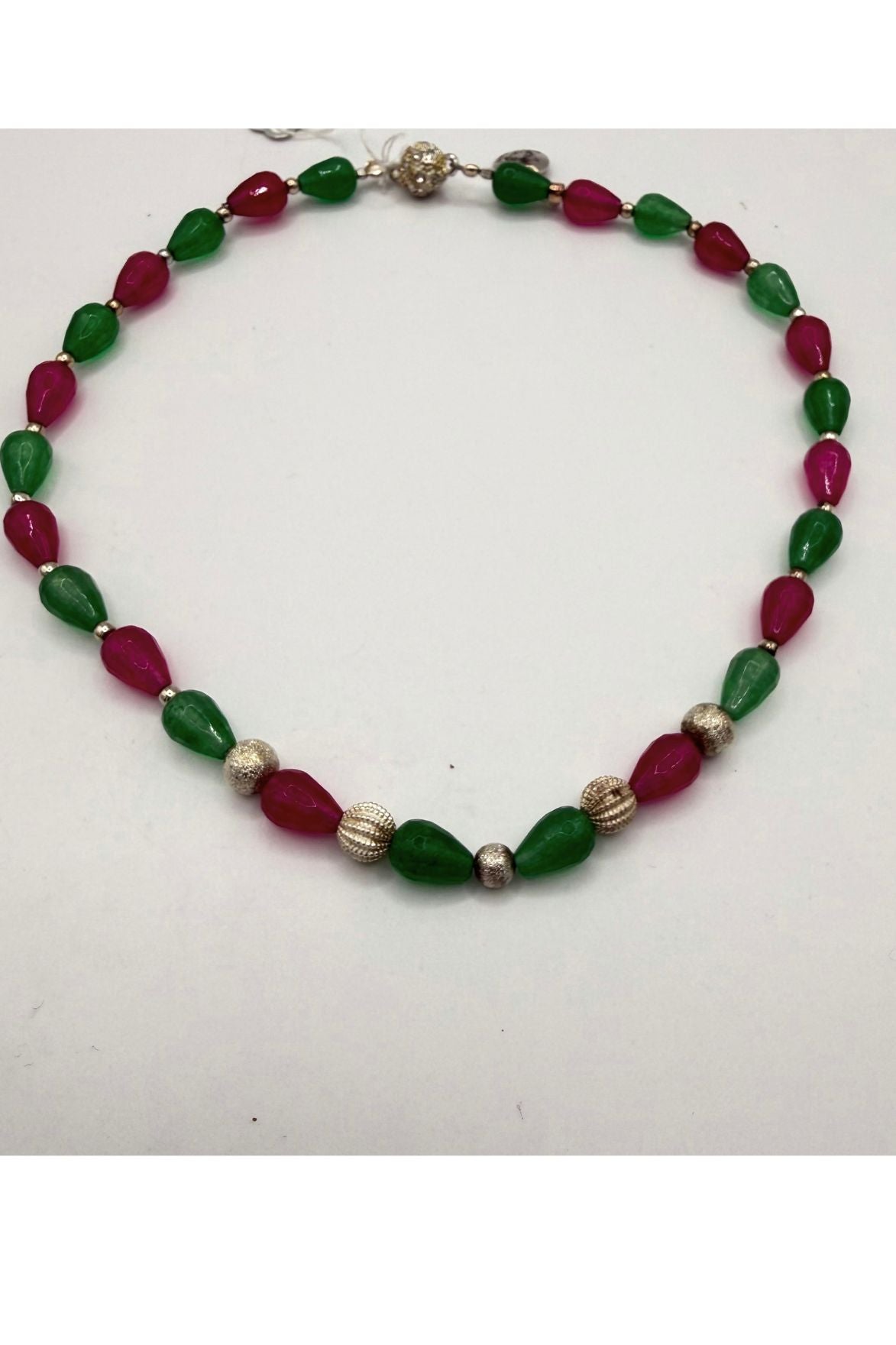 Collier en argent jade vert et agates roses fushia