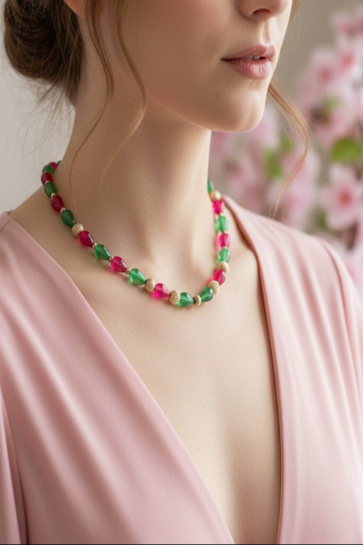Collier en argent jade vert et agates roses fushia