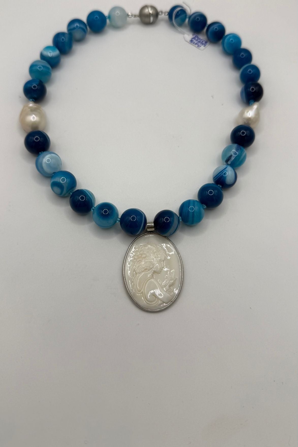 COLLIER RAS DU COU AGATES BLEU ET PENDENTIF NACRE SUR ARGENT 925