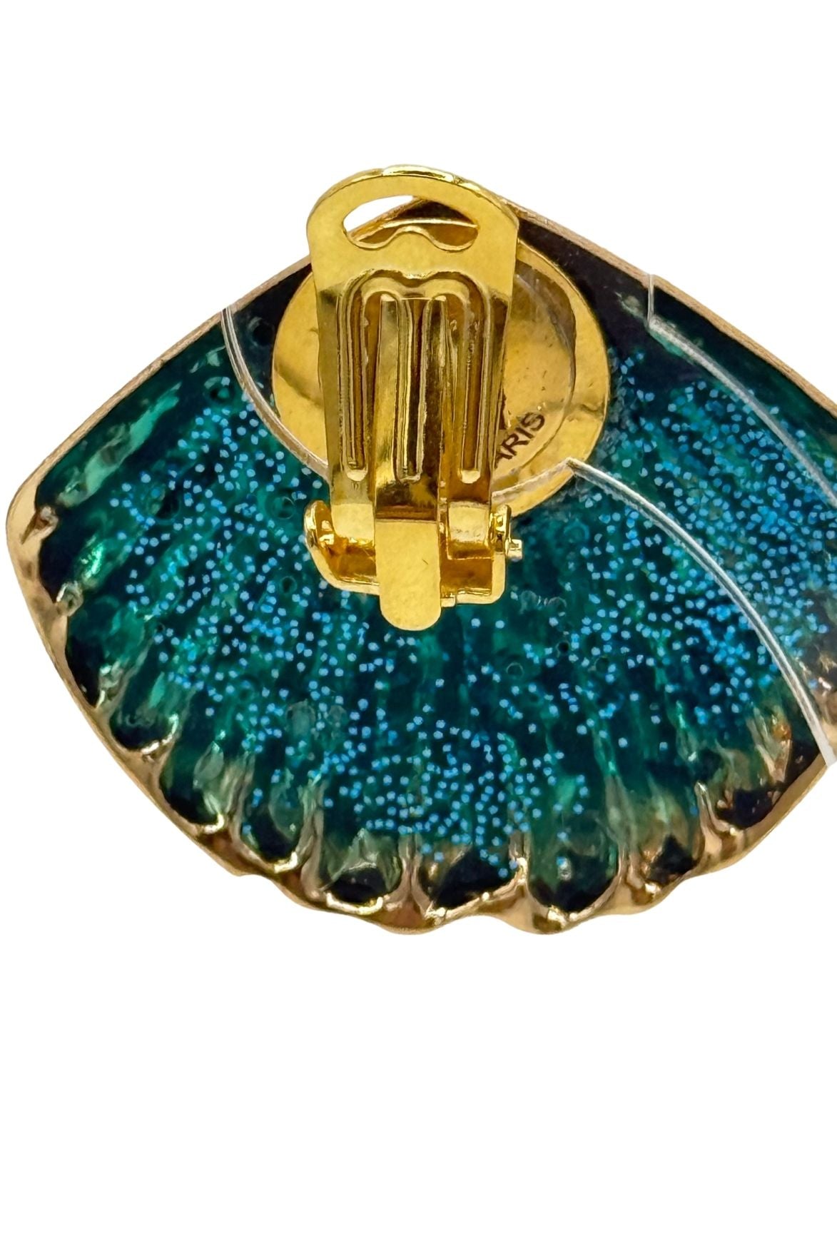 CLIPS EN METAL DORE ET RESINE PAILLETE TURQUOISE