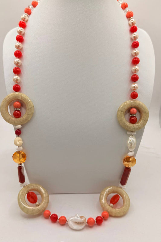 SAUTOIR PERLES CORAIL ET AGATES ORANGES