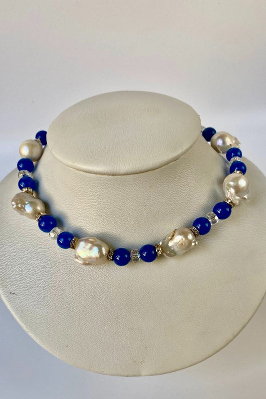 COLLIER TOUR DU COU AGATES BLEUES PERLES BAROQUES