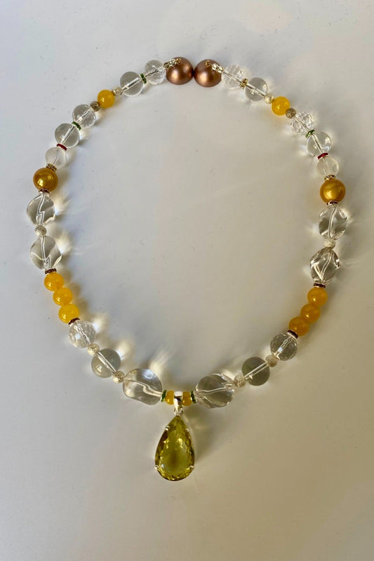 collier en cristal de roche et citrine en goutte sur argent 925